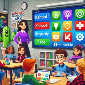 A vibrant and engaging classroom setting with a teacher standing near a large screen showing a colorful online game interface. In the foreground, stud